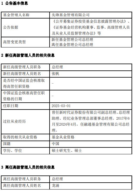 指南针拿下控股权！先锋基金又迎来新高管：龙涌离任 新任总经理张帆到位