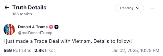 特朗普：已与越南达成贸易协议