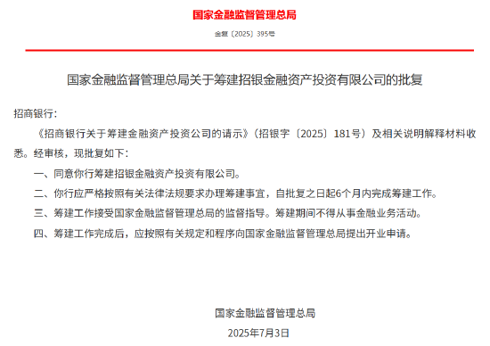 招商银行获批筹建招银金融资产投资有限公司