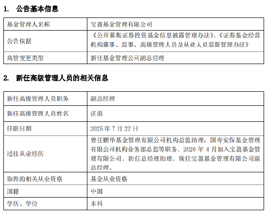 宝盈基金高管变更：汪浪升任副总经理，能否助力老牌公募破局重生？